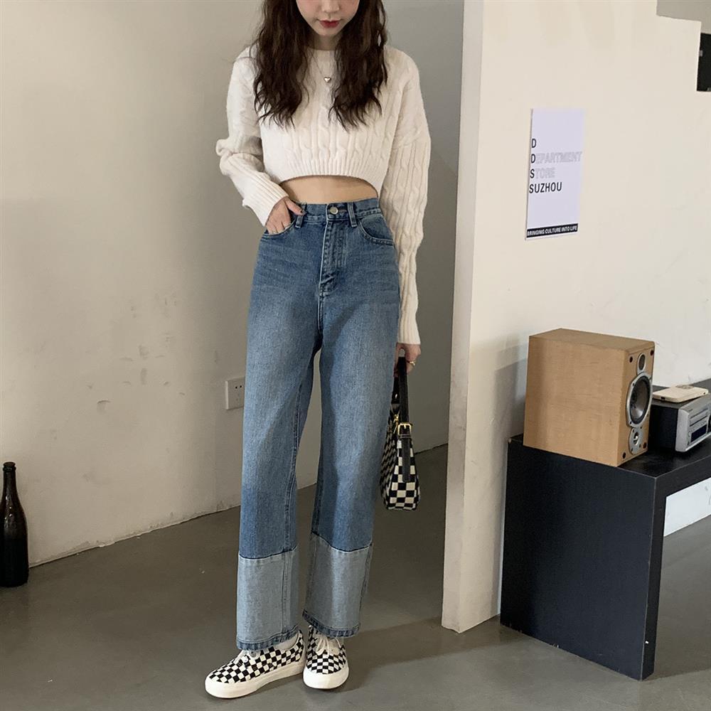 Jeans women's loose wide-legged autumn and winter 2022 new high-waist slimming all-match trendy design sense contrasting color straight-leg pants
