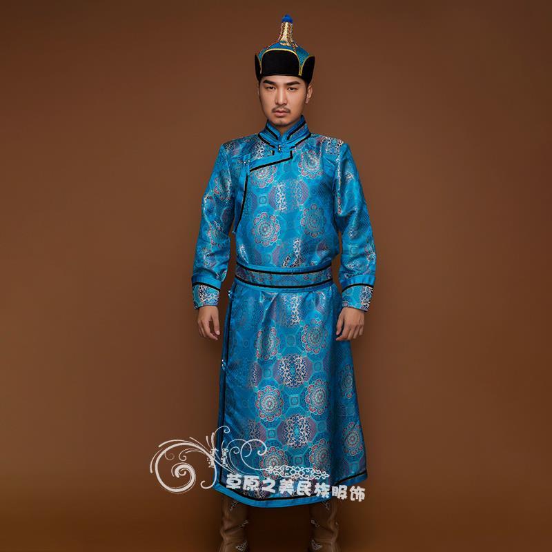 蒙古袍男长款缎面蒙古族服装少数民族服饰演出舞蹈日常生活服新品
