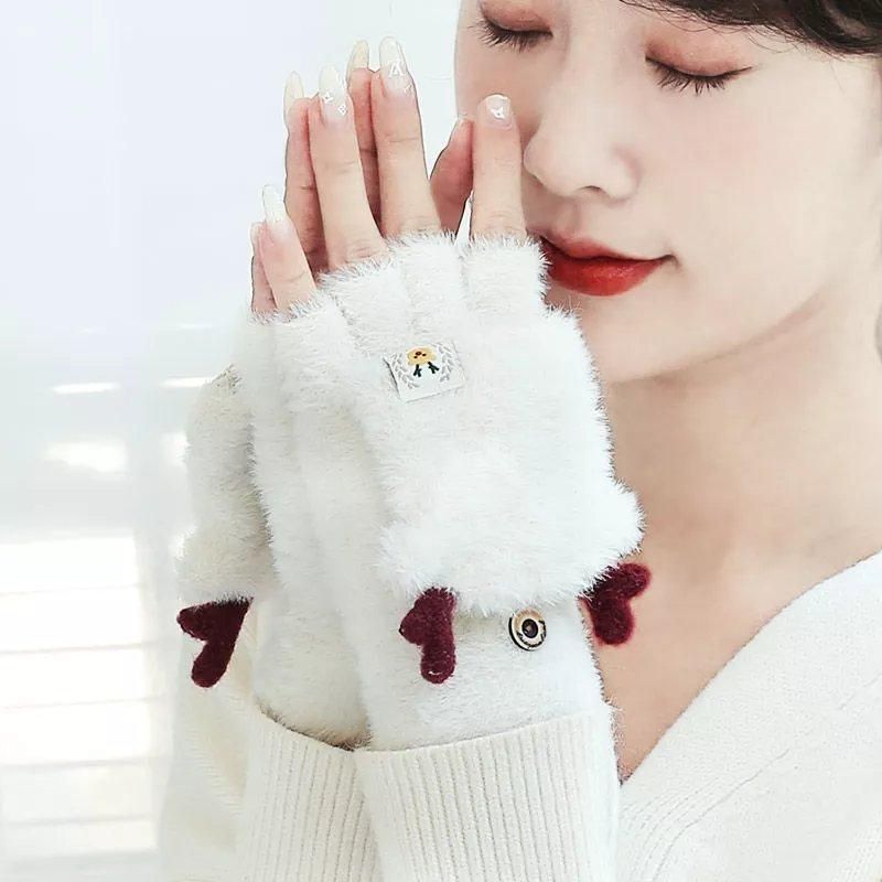 手套女韩版冬天触屏骑行车学生可爱半指针织加绒厚保暖羊驼绒户外
