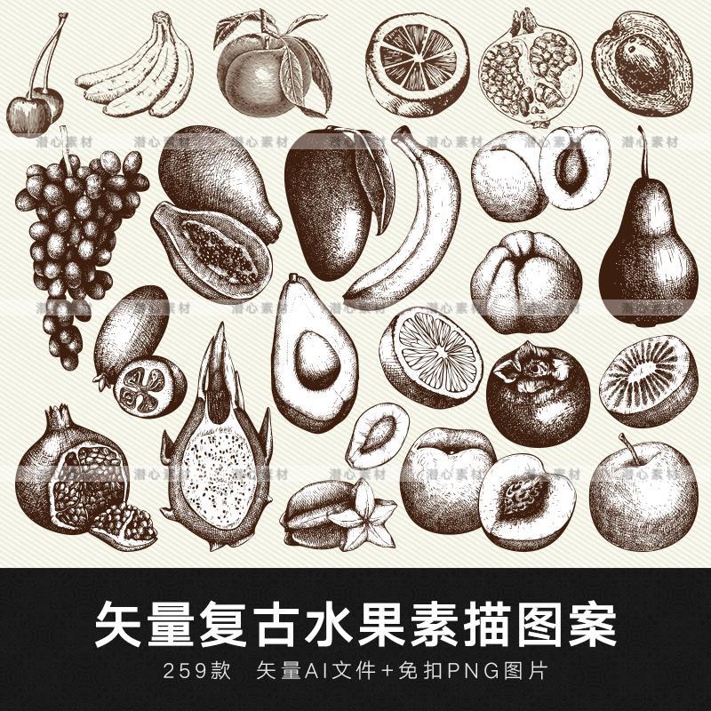 矢量手绘复古木雕刻苹果梨葡萄西瓜线描白描素描水果插画图案素材