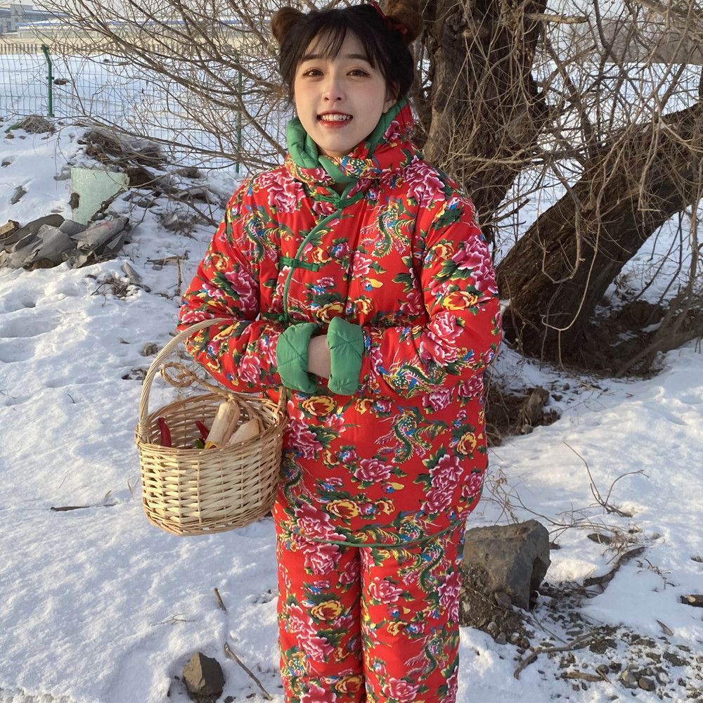 mapogo 韩国ins原宿风东北花棉裤牡丹花棉袄加厚长袖袄子套装男女【3