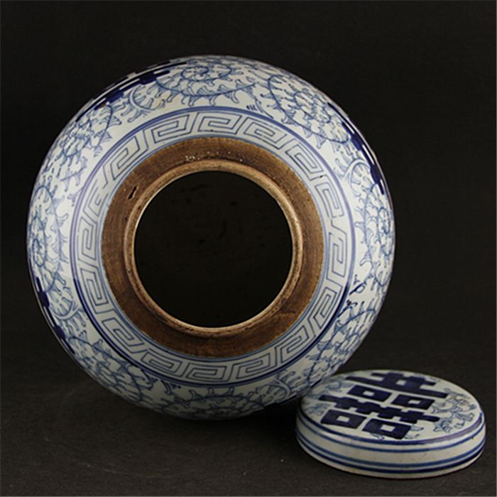 【祖传】清代青花双喜罐喜字罐盖罐老坛子景德镇瓷厂存货古玩