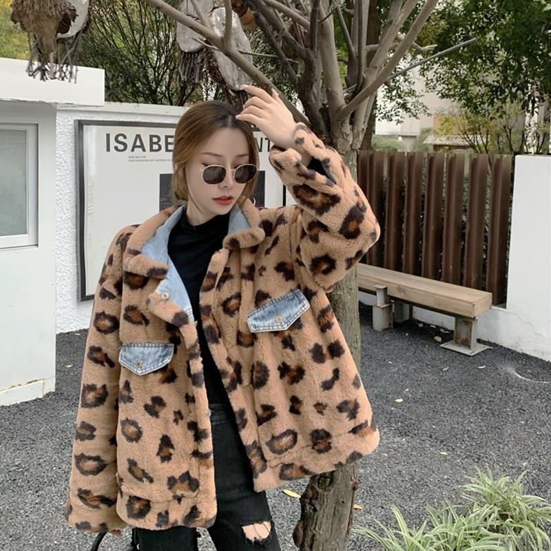 Plush coat for women in autumn and winter, thickened, small, spliced ​​denim, loose design, niche casual long-sleeved top, trendy