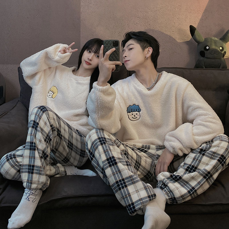 Coral fleece lovers pajamas women's autumn and winter new thickened and velvet home service suit men's flannel winter