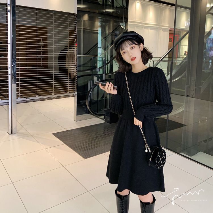 秋冬季连衣裙高腰显瘦针织麻花拼接女秋冬裙子衣服