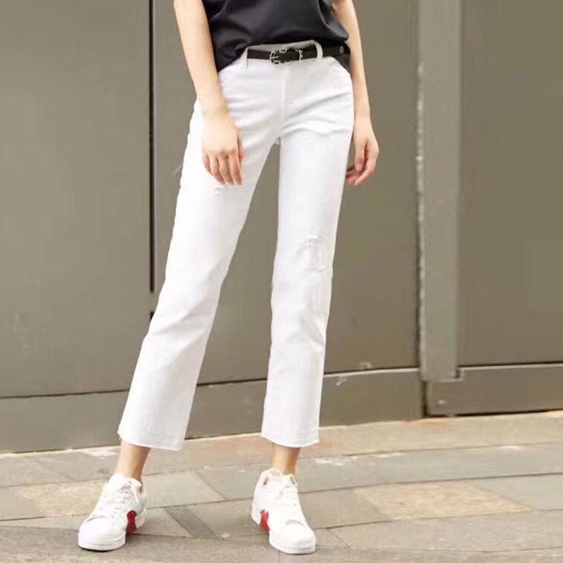 品哥弟新官网白色裤子2021年新款显瘦百搭休闲破洞九分牛仔裤女秋