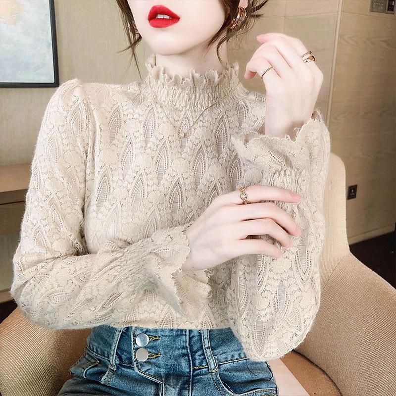 早春半高領加絨蕾絲打底衫女秋冬大碼胖mm內搭洋氣喇叭袖網紗上衣