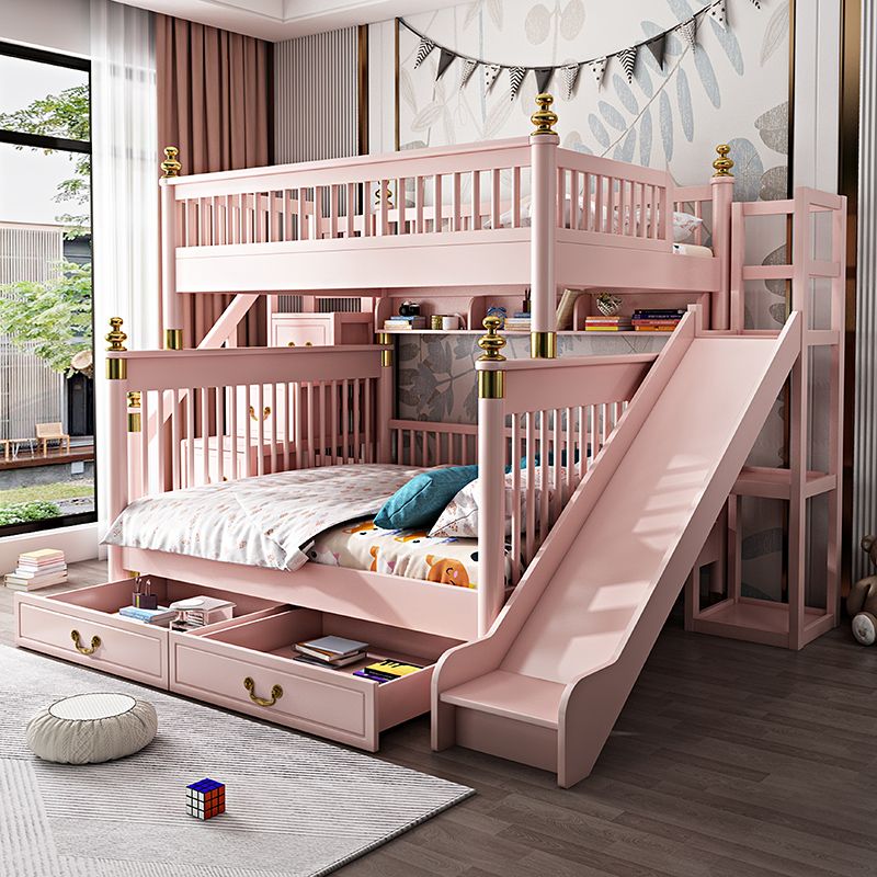 粉色实木超大上下床双层床公主高低床女孩子母女童上下铺带滑梯m