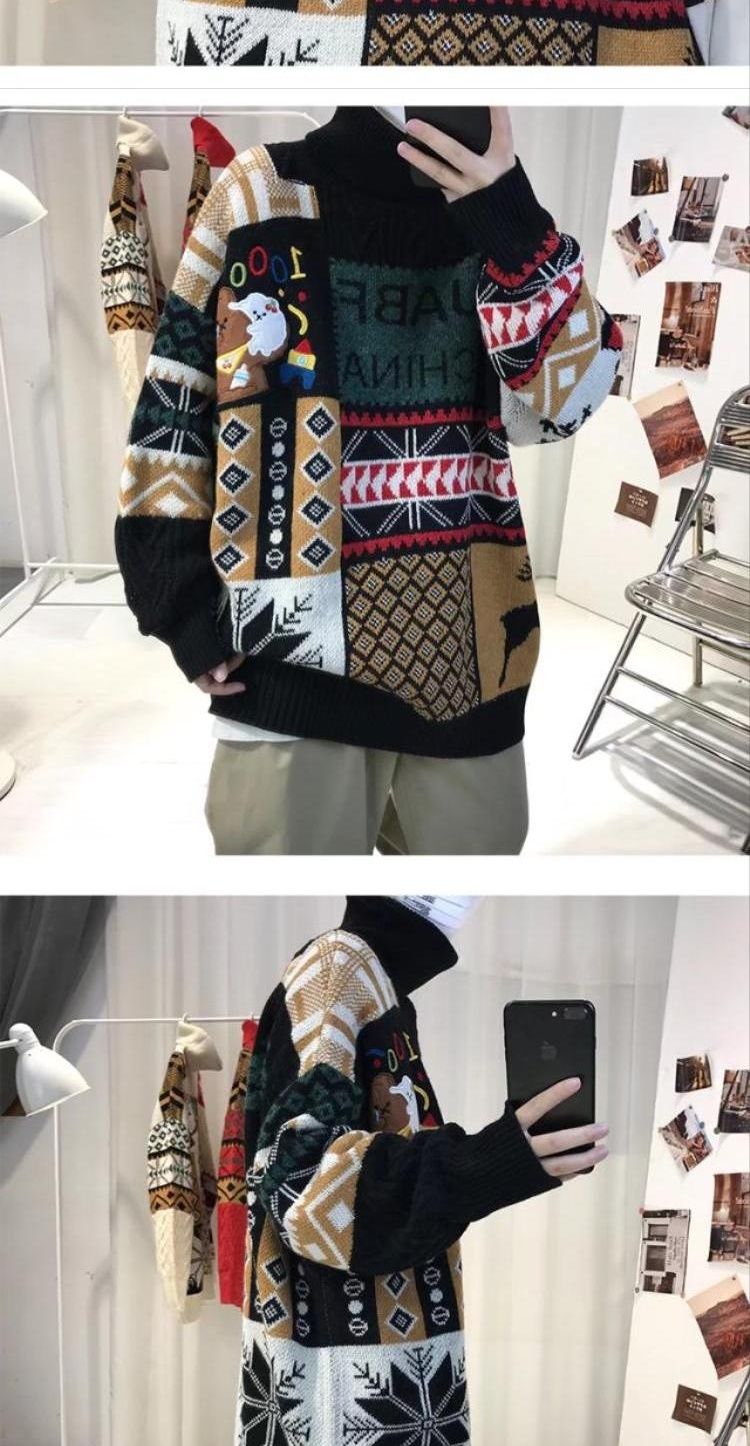 Rollkragenpullover für Herren im koreanischen Stil – vielseitiger Herbst- und Winterpullover für Paare – trendige, bedruckte, lockere Strickjacke_voghion.com