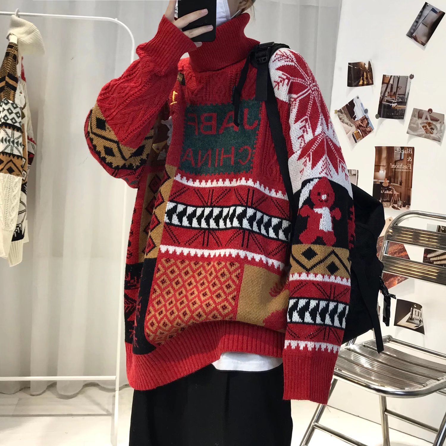 Rollkragenpullover für Herren im koreanischen Stil – vielseitiger Herbst- und Winterpullover für Paare – trendige, bedruckte, lockere Strickjacke_voghion.com