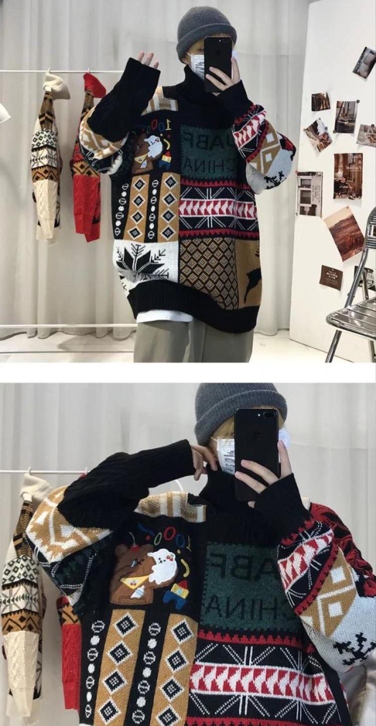 Rollkragenpullover für Herren im koreanischen Stil – vielseitiger Herbst- und Winterpullover für Paare – trendige, bedruckte, lockere Strickjacke_voghion.com