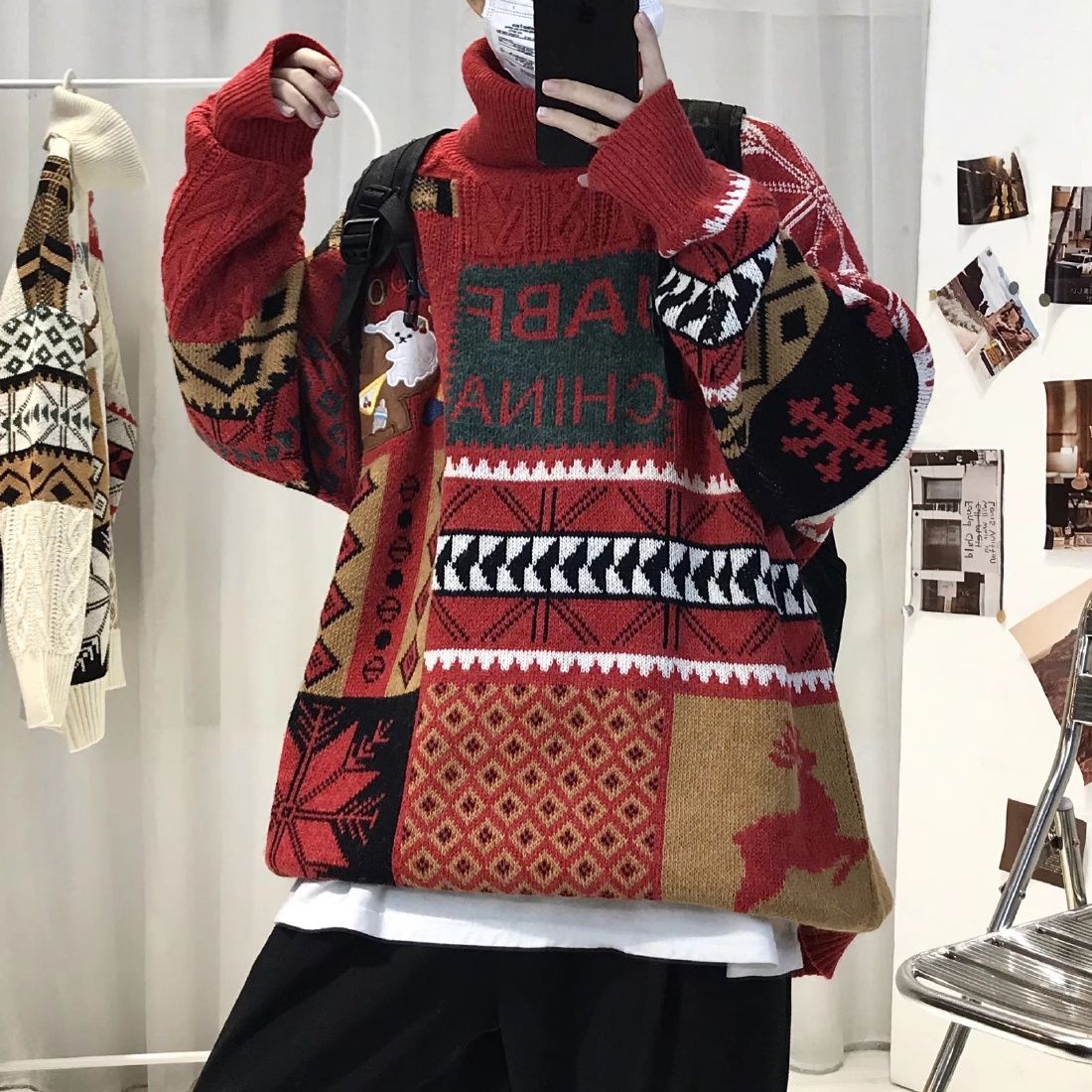 Rollkragenpullover für Herren im koreanischen Stil – vielseitiger Herbst- und Winterpullover für Paare – trendige, bedruckte, lockere Strickjacke_voghion.com