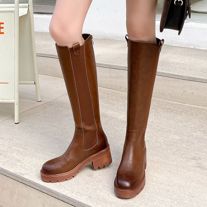 不过膝高筒靴女粗跟松糕底擦色长靴厚底真皮长筒骑士靴复古及膝靴