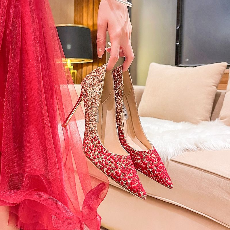 法式女2022年新款红色秀禾主婚纱两穿婚鞋新娘水晶亮片高跟鞋细跟