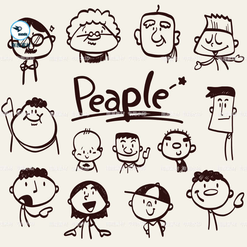 卡通可爱手绘简笔画老人男孩头像插画装饰手账ai矢量