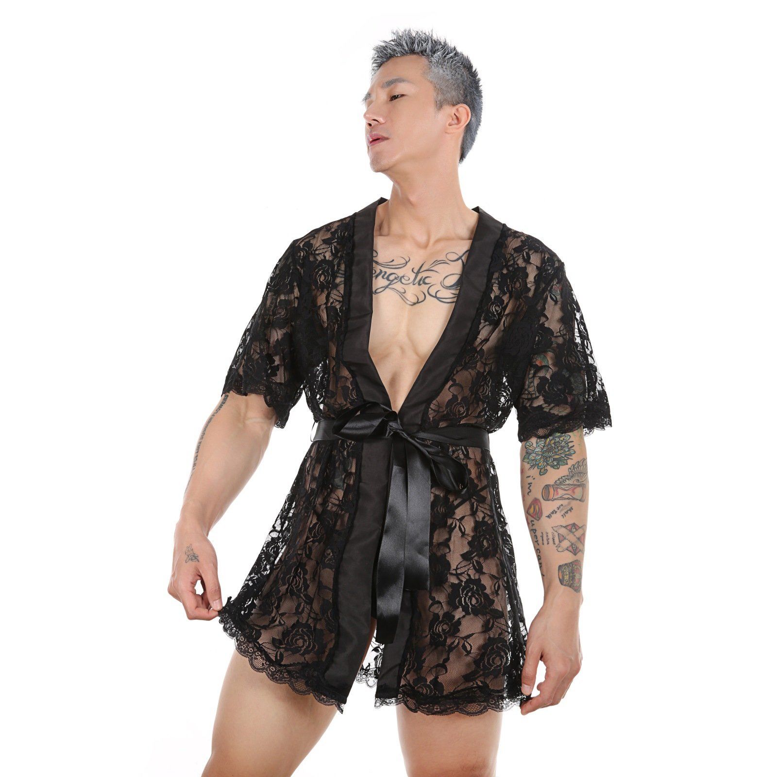 Men's super sexy perspective seductive interest Nightgown lace transparent thong bathrobe home suit