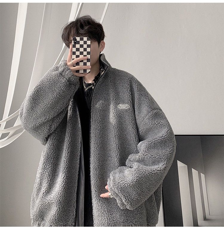 Herbst und Winter, verdickter Fleece, lockerer zweiseitiger Mantel für Herren, Lammwolle, PU-Leder, Baumwolle_voghion.com