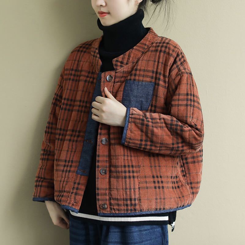 大碼女裝文藝復古寬鬆格子短外套女休閒棉衣棉服女冬季長袖上衣女