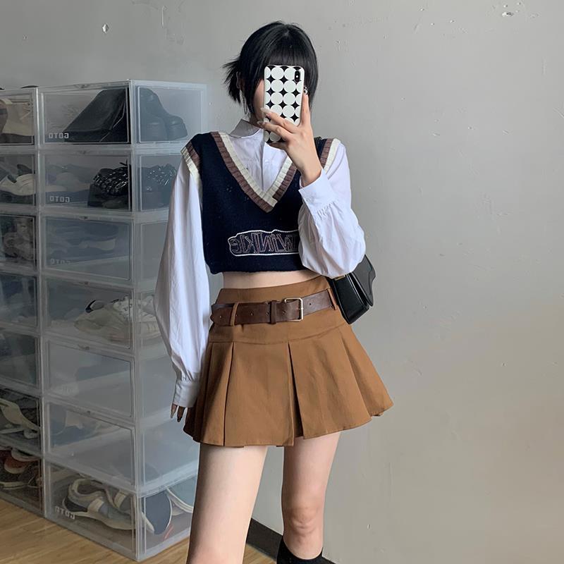 gusty新品甜酷学院风字母v领针织衫美式外搭显瘦无袖马甲短款上衣