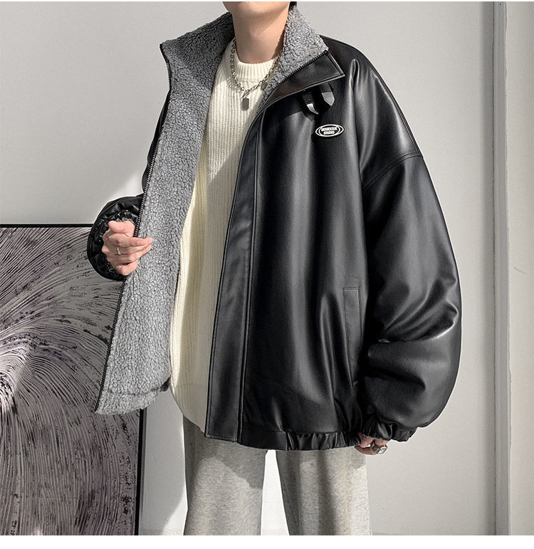 Herbst und Winter, verdickter Fleece, lockerer zweiseitiger Mantel für Herren, Lammwolle, PU-Leder, Baumwolle_voghion.com