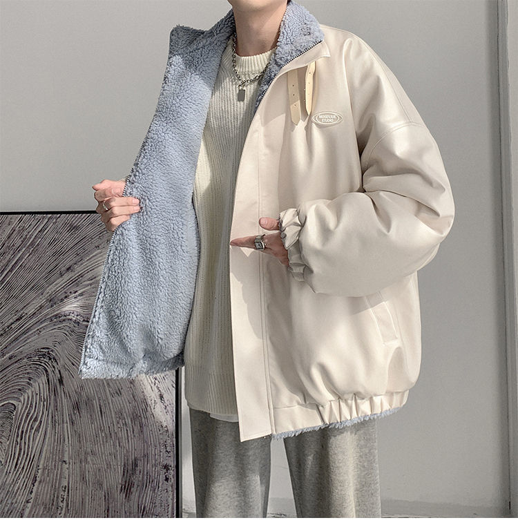 Herbst und Winter, verdickter Fleece, lockerer zweiseitiger Mantel für Herren, Lammwolle, PU-Leder, Baumwolle_voghion.com