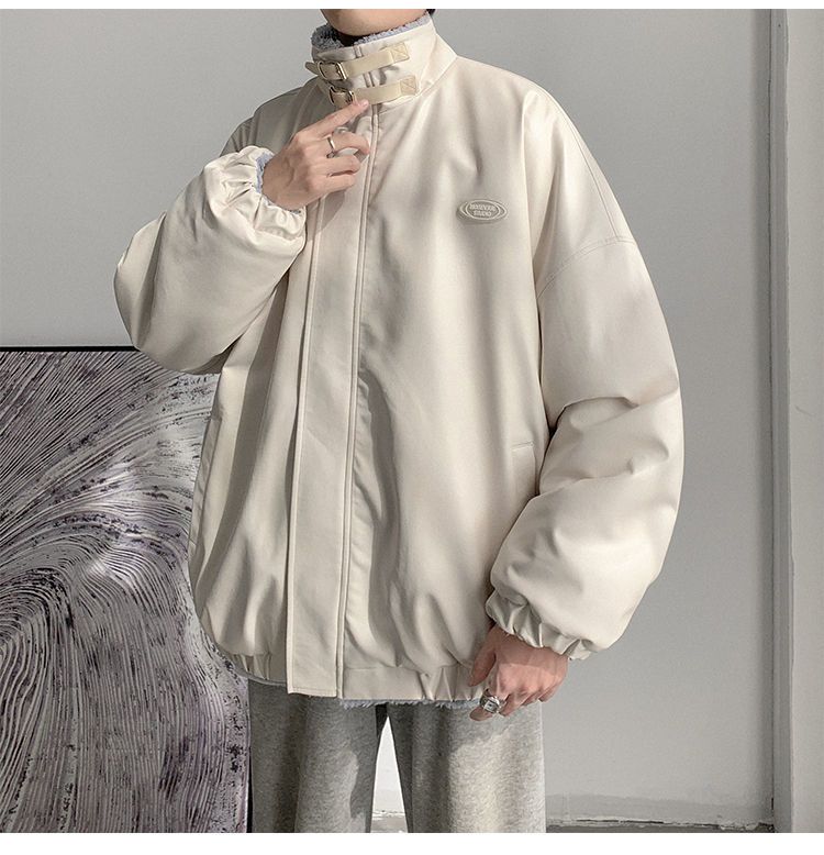 Herbst und Winter, verdickter Fleece, lockerer zweiseitiger Mantel für Herren, Lammwolle, PU-Leder, Baumwolle_voghion.com