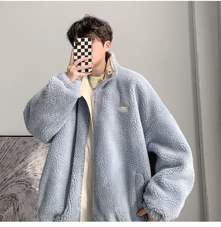 Herbst und Winter, verdickter Fleece, lockerer zweiseitiger Mantel für Herren, Lammwolle, PU-Leder, Baumwolle_voghion.com