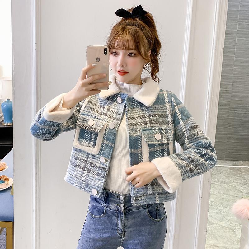 Small short section thickened plaid woolen coat women's  autumn and winter new temperament net red fried street jacket