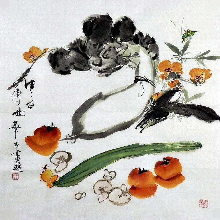 纯手绘字画餐厅装饰画大促d120235华杰三尺斗方国画蔬菜白菜蟋蟀
