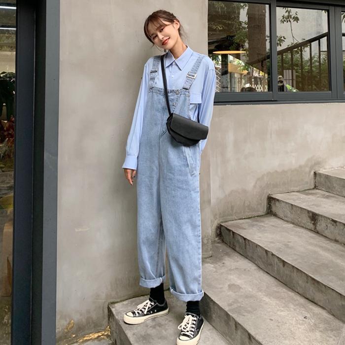 Autumn and winter  new Korean version of large size fat mm student age-reducing denim overalls women's slim jumpsuit wide-leg pants tide