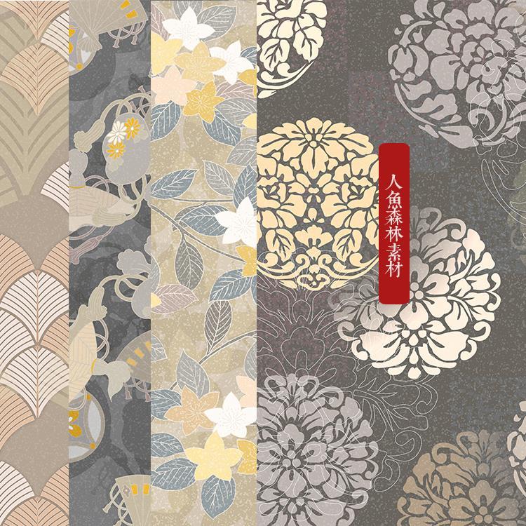 日本传统色彩艳丽特色和风鹤纹瑞云底纹设计素材jpg