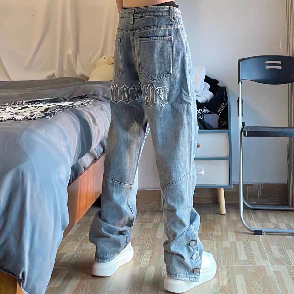 美式街頭字母刺繡牛仔褲男歐美高街排扣褲寬鬆嘻哈闊腳長褲ins潮