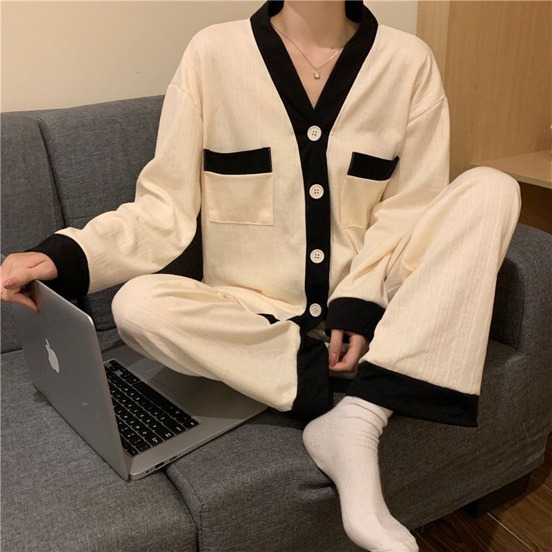 Korean version of ins autumn and winter simple V-neck contrast color double-breasted apricot jacquard long-sleeved trousers pajamas women's home service suit