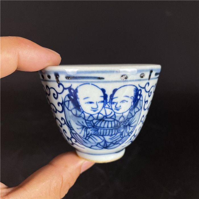 【清代真品】特价晚清民窑手工青花小茶杯酒杯陶瓷茶具古玩古董陶