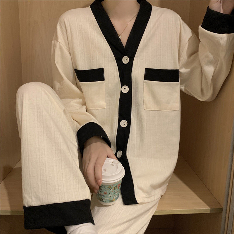 Korean version of ins autumn and winter simple V-neck contrast color double-breasted apricot jacquard long-sleeved trousers pajamas women's home service suit