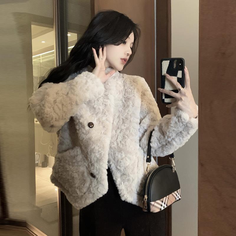 毛毛外套女冬季韓版2023新款高級感短款不規則仿皮草長袖棉服外套