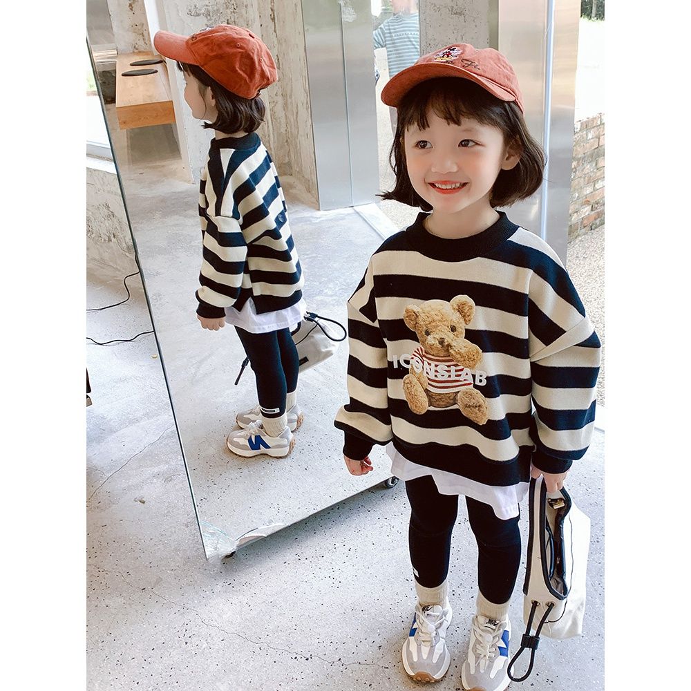 Girls' sweater spring and autumn Korean version of the children's clothing Western style striped fake two-piece children's baby girl loose shirt tide