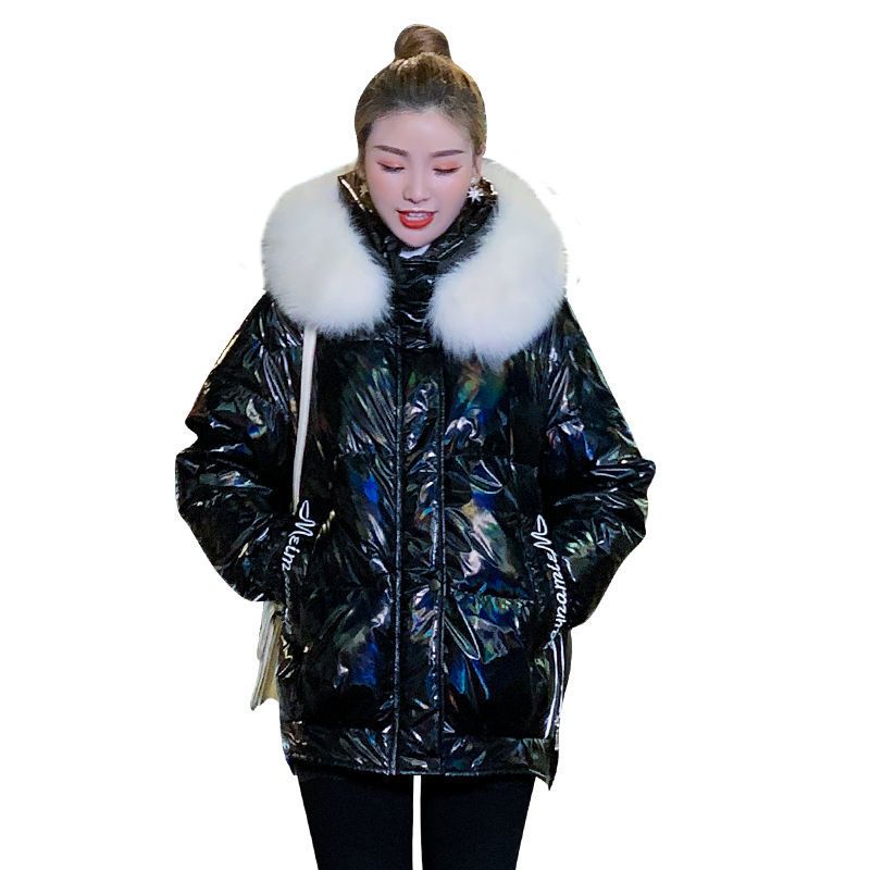 杭州品质高档90白鸭绒羽绒服女2021冬季新款亮面大毛领加厚外套【2月