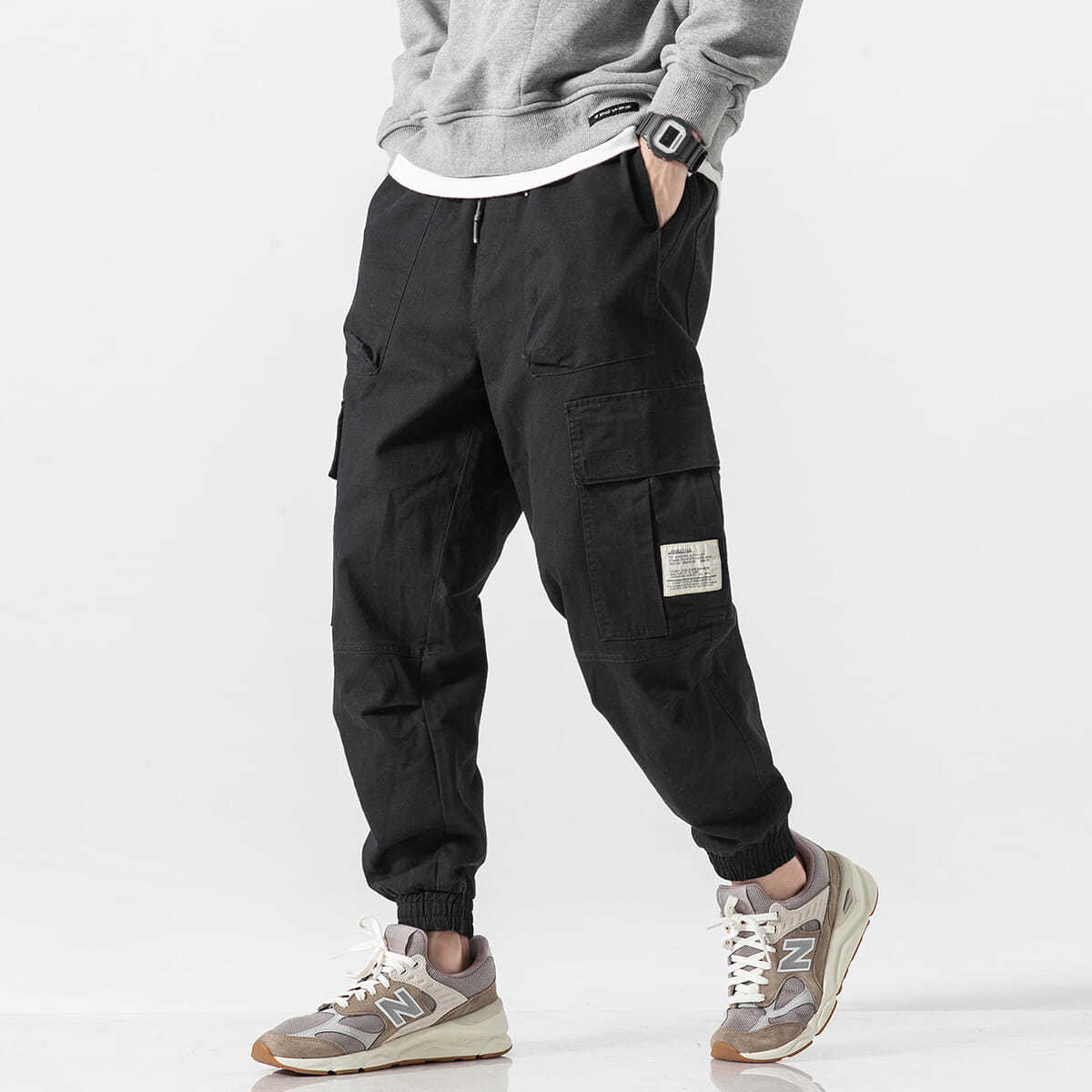 XGI 冬季大口袋贴标长裤男生2021美式潮牌宽松休闲加绒束脚工装裤