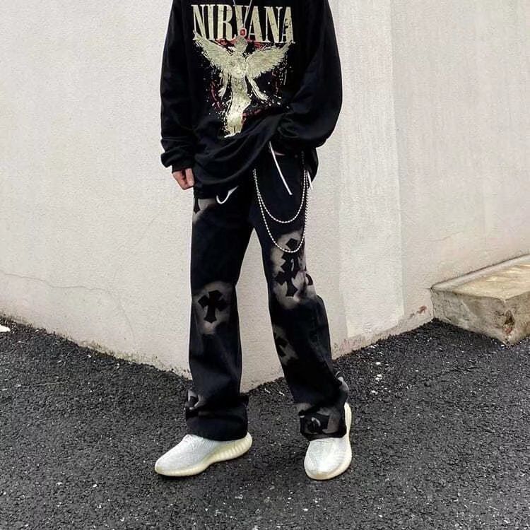 美式高街十字架印花寬鬆黑色牛仔褲男潮牌街頭直筒hiphop闊腿長褲