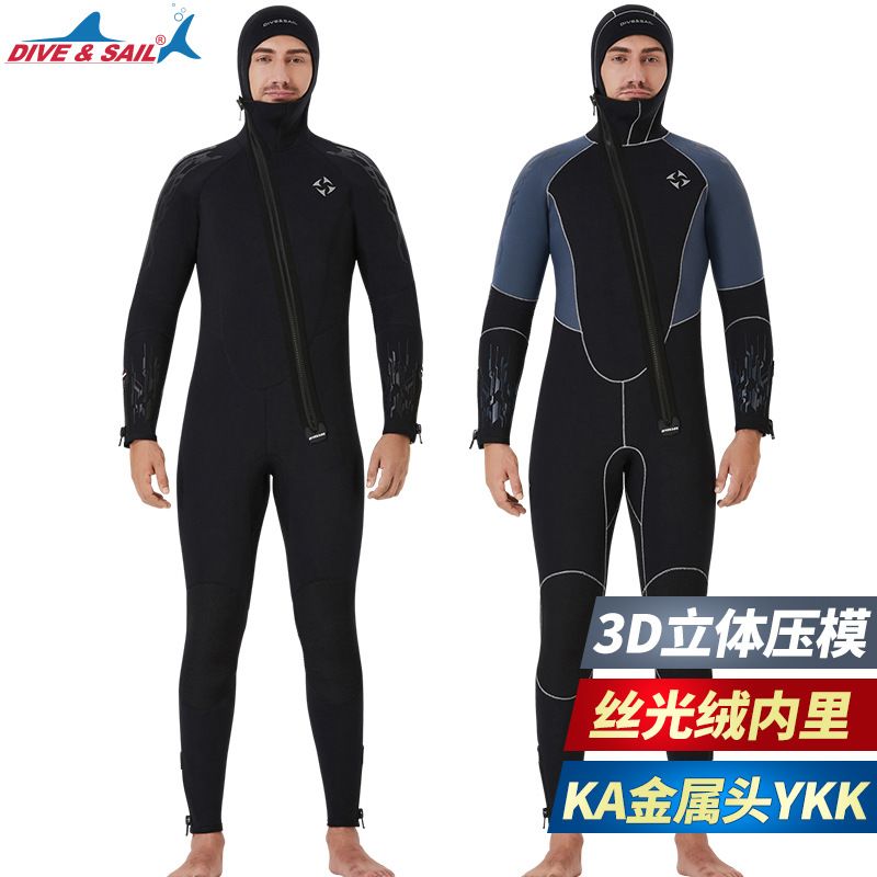 现货新款5mm潜水服男连体加厚保暖潜水衣连帽前开加绒防寒冬泳衣
