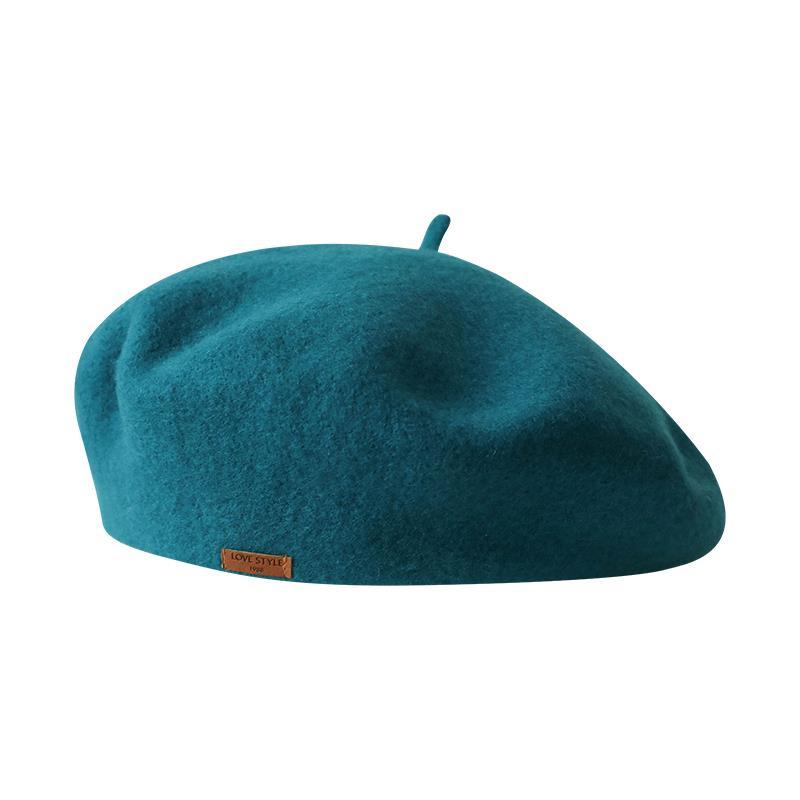 Satomi Ishihara's same style beanie hat, Korean style leather label, versatile woolen beret, autumn and winter retro painter's hat for girls