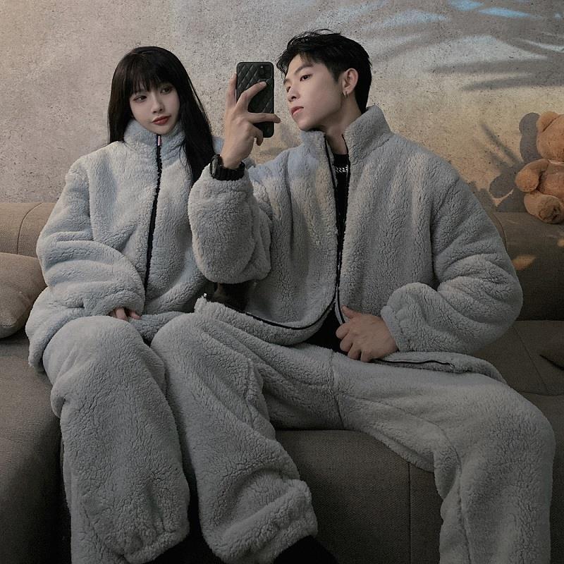 2022 new men's and women's pajamas winter thickened plus velvet coral fleece couples can wear flannel home clothes