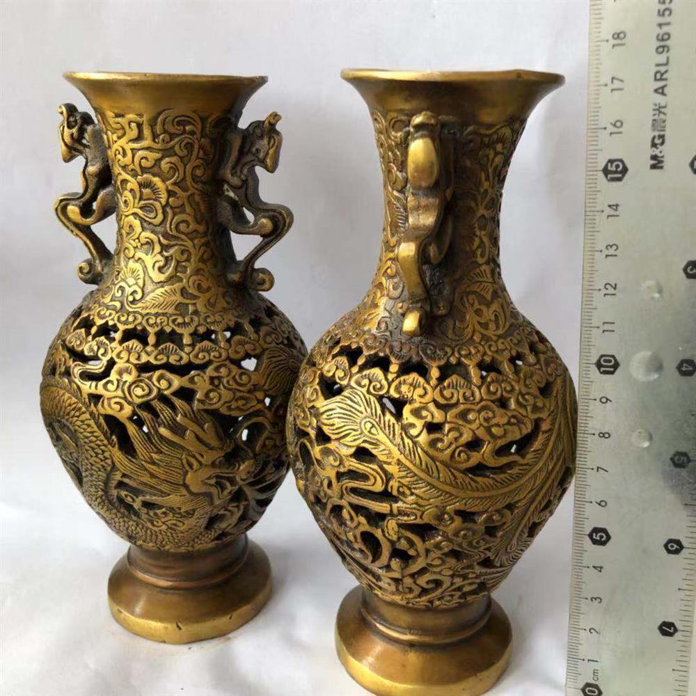 古董古玩杂项收藏大清乾隆年制镂空龙凤花瓶家居摆件铜花瓶 5月6日发完 虎窝拼