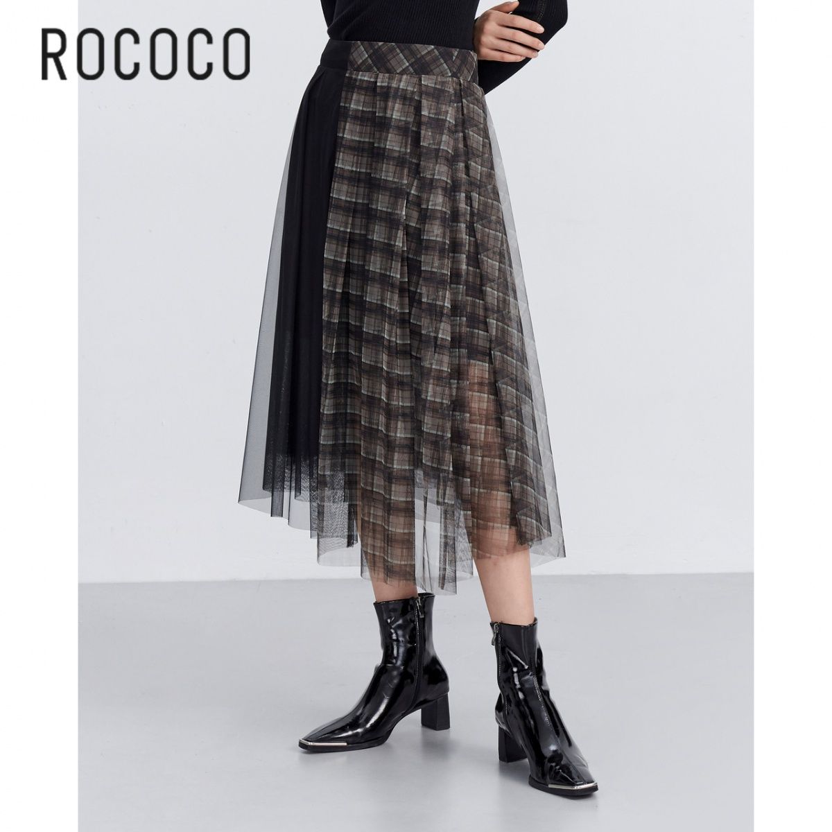 ROCOCO2021春新款百搭高腰时髦复古格纹气质半身纱裙女