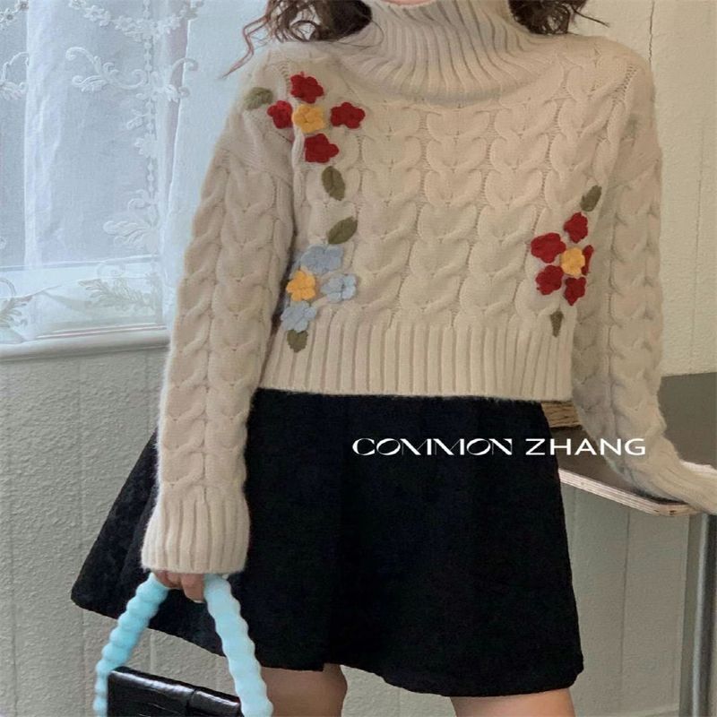 common zhang欧货重工手工钩花毛衣外套女复古刺绣花朵短款毛线衣