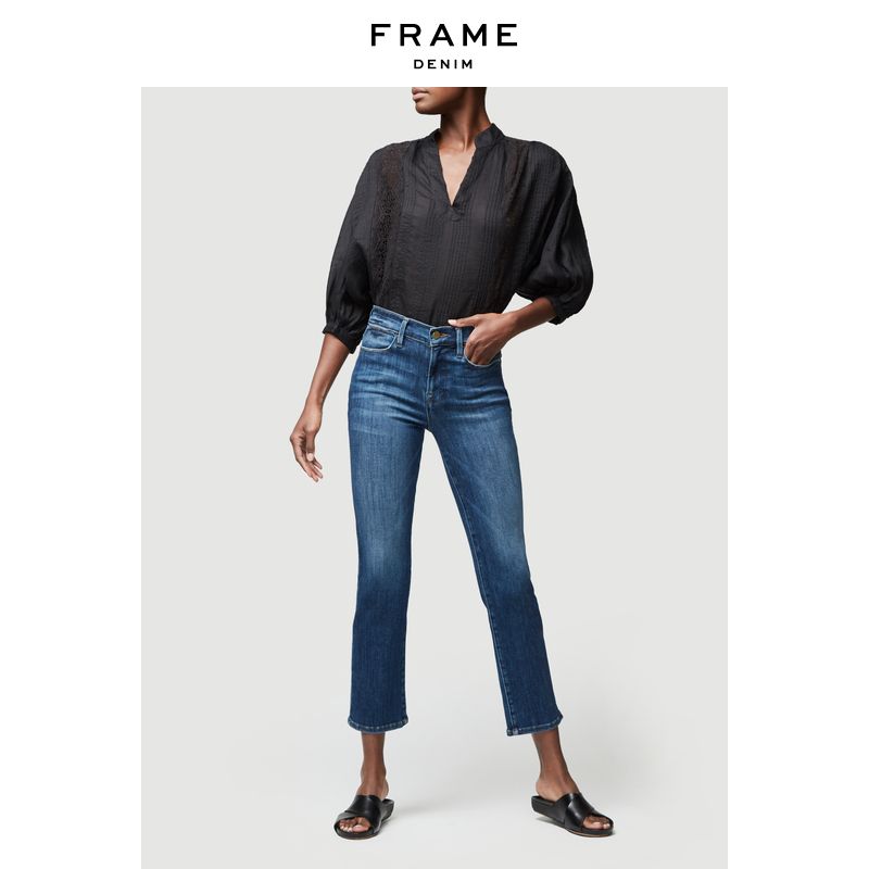 frame denim直筒高腰牛仔裤蓝色le high straight高弹女装新品
