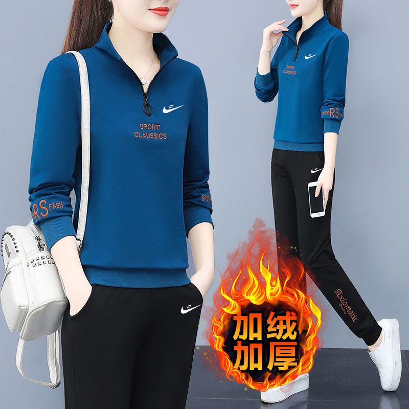 【官网正品】高档运动服休闲运动套装女加绒加厚秋冬季跑步两件套【3