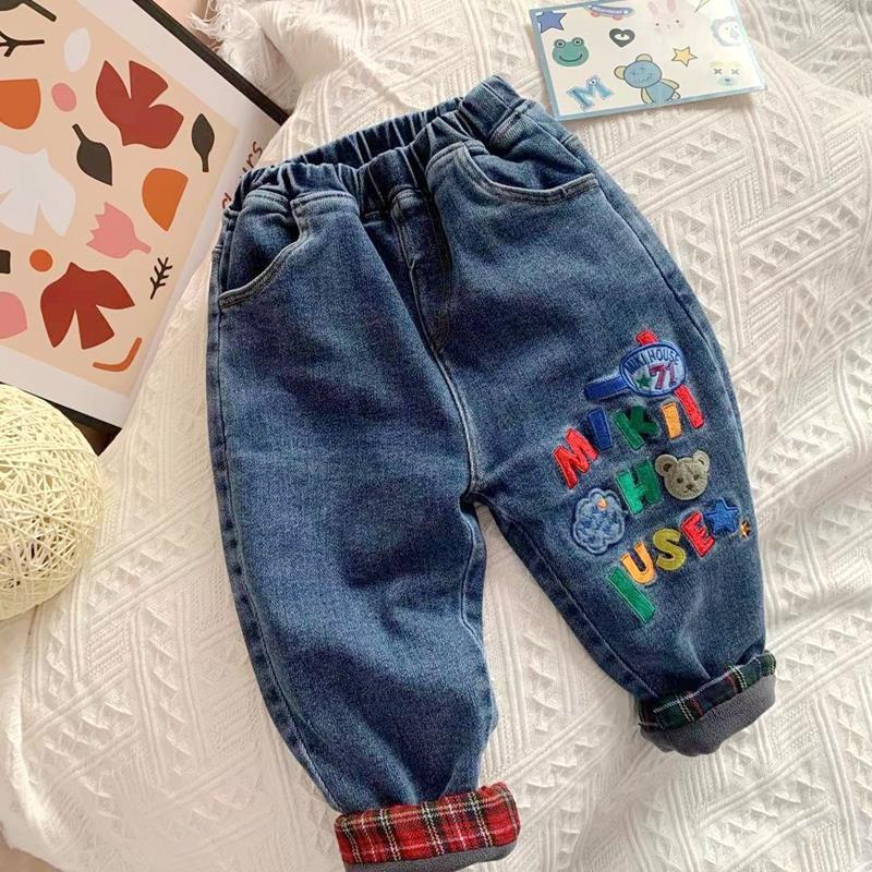 Soft and waxy~~Foreign trade boys' velvet jeans winter children's baby Japanese style double layer velvet denim long pants trendy