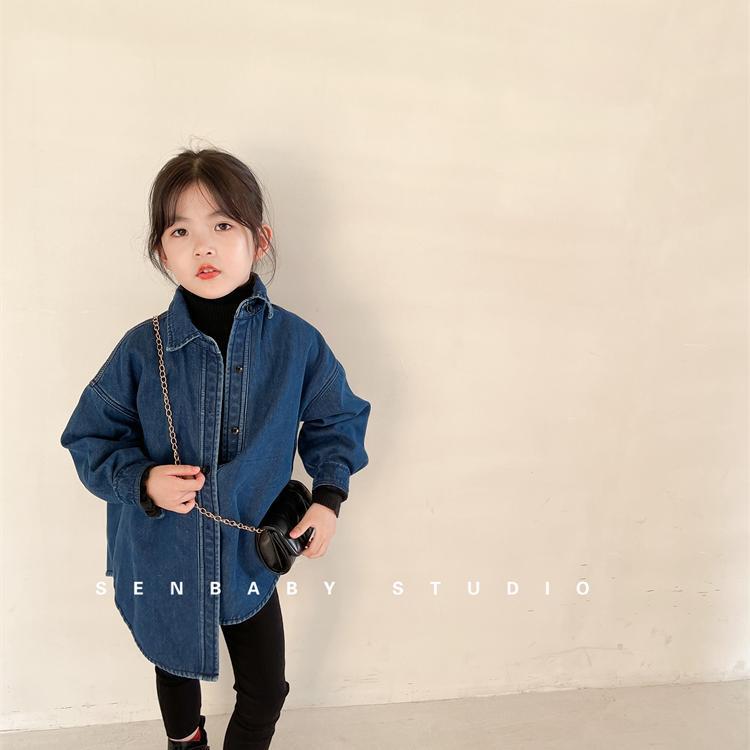 Children's clothing children's coat winter plus velvet thickened denim top girls design sense mid-length shirt warm coat